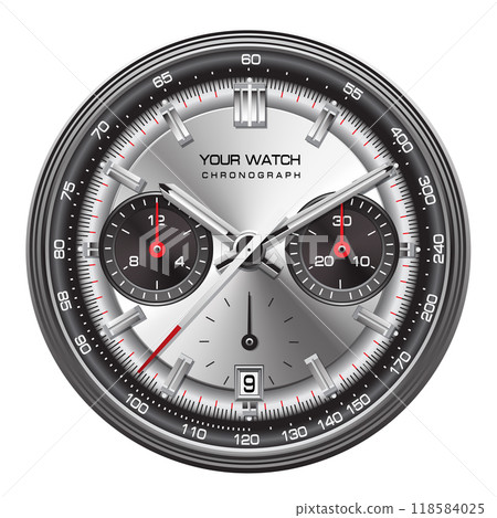 Realistic silver clock watch chronograph dashboard face black red arrow white number design luxury classic for men on isolated background vector Realistic silver clock watch chronograph dashboard face black red arrow white number design luxury classic for men on isolated background vector 118584025