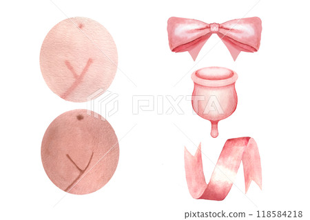 A menstrual cup, a satin bow, a ribbon, a women body signs in two tones watercolor set isolated on white. Great for eco-friendly menstrual care decor and design, logotypes, labels, websites A menstrual cup, a satin bow, a ribbon, a women body signs in two tones watercolor set isolated on white. Great for eco-friendly menstrual care decor and design, logotypes, labels, websites 118584218