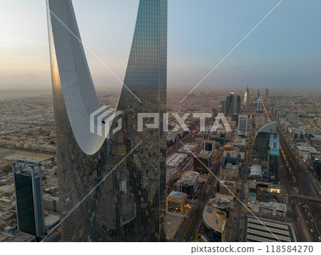 Drone shot flying. Saudi Arabia. Riyadh. Sunrise. Kingdom Tower 118584270