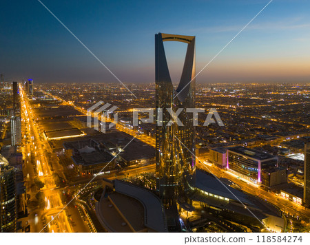 Drone shot flying. Saudi Arabia. Riyadh. Kingdom tower. Sunset. Evening. 118584274