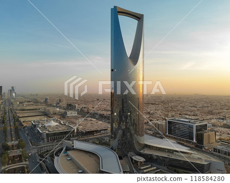 Drone shot flying. Saudi Arabia. Riyadh. Sunrise. Kingdom Tower 118584280
