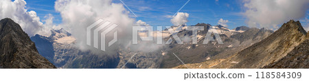Panoramic Mountain View with Snow-Capped Peaks and Clouds Panoramic Mountain View with Snow-Capped Peaks and Clouds 118584309