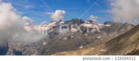 Panoramic Mountain View with Snow-Capped Peaks and Clouds 118584312