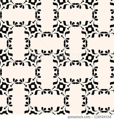 Vector geometric floral pattern. Ornamental seamless texture in traditional ethnic style. Abstract monochrome ornament with flower shapes. 118584338