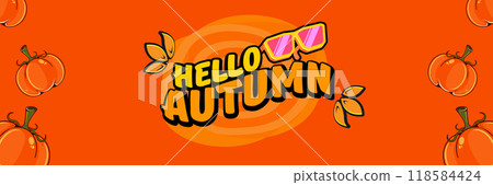 Super Hello Autumn vector banner with text and retro yellow sunglasses isolated on stripped background. Hello Autumn poster design template with cartoon sunglasses, retro rainbow, good vibes Super Hello Autumn vector banner with text and retro yellow sunglasses isolated on stripped background. Hello Autumn poster design template with cartoon sunglasses, retro rainbow, good vibes 118584424