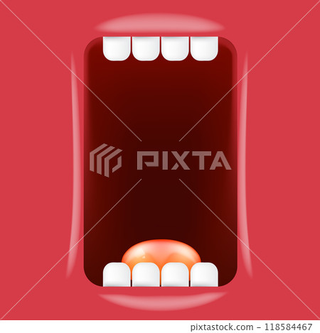 Vector Cartoon wide open mouth isolated on green background. Funny and cute Halloween green Monster open mouth with big white teeth and red tongue 118584467
