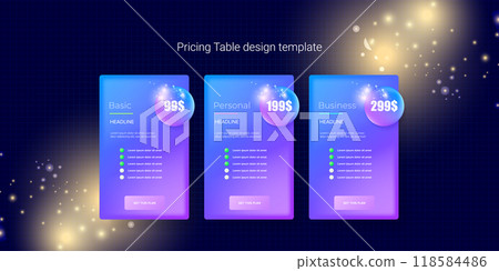 Price table concept vector design template. Pricing or subscription plan ui web elements. Website marketing and promotion landing page template. Product card UI vector illustration Price table concept vector design template. Pricing or subscription plan ui web elements. Website marketing and promotion landing page template. Product card UI vector illustration 118584486