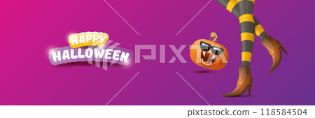 vector halloween party wide banner and poster with witch legs funky pumpkin and greeting text happy halloween on night violet background . Girls legs with stripped stockings and brown shoes. vector halloween party wide banner and poster with witch legs funky pumpkin and greeting text happy halloween on night violet background . Girls legs with stripped stockings and brown shoes. 118584504