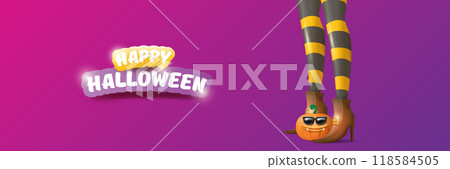 vector halloween party wide banner and poster with witch legs funky pumpkin and greeting text happy halloween on night violet background . Girls legs with stripped stockings and brown shoes. vector halloween party wide banner and poster with witch legs funky pumpkin and greeting text happy halloween on night violet background . Girls legs with stripped stockings and brown shoes. 118584505