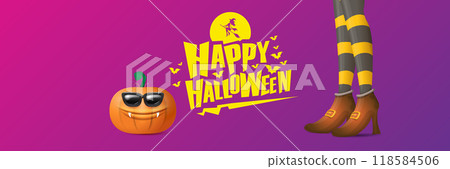 vector halloween party wide banner and poster with witch legs funky pumpkin and greeting text happy halloween on night violet background . Girls legs with stripped stockings and brown shoes. vector halloween party wide banner and poster with witch legs funky pumpkin and greeting text happy halloween on night violet background . Girls legs with stripped stockings and brown shoes. 118584506