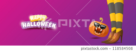 vector halloween party wide banner and poster with witch legs funky pumpkin and greeting text happy halloween on night violet background . Girls legs with stripped stockings and brown shoes. vector halloween party wide banner and poster with witch legs funky pumpkin and greeting text happy halloween on night violet background . Girls legs with stripped stockings and brown shoes. 118584508