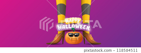 vector halloween party wide banner and poster with witch legs funky pumpkin and greeting text happy halloween on night violet background . Girls legs with stripped stockings and brown shoes. vector halloween party wide banner and poster with witch legs funky pumpkin and greeting text happy halloween on night violet background . Girls legs with stripped stockings and brown shoes. 118584511