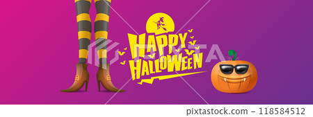 vector halloween party wide banner and poster with witch legs funky pumpkin and greeting text happy halloween on night violet background . Girls legs with stripped stockings and brown shoes. 118584512