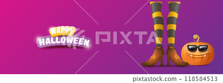 vector halloween party wide banner and poster with witch legs funky pumpkin and greeting text happy halloween on night violet background . Girls legs with stripped stockings and brown shoes. 118584513