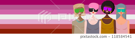 lesbians couple with four woman standing front of lesbian flag. Pride month and pride day horizontal poster with lesbians woman with sunglasses. Pride month wide banner with lesbian flag and people 118584541