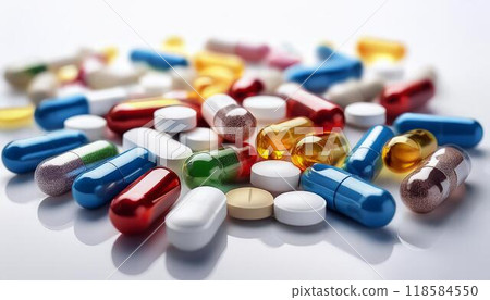 Isolated on white ,Selective focus on capsules and pills.Antibiotics drug resistance. Isolated on white ,Selective focus on capsules and pills.Antibiotics drug resistance. 118584550