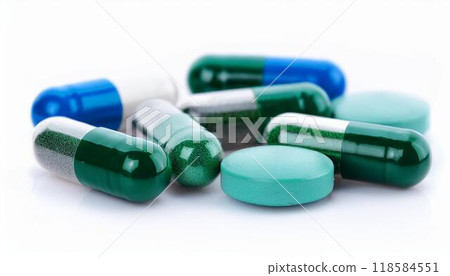 Isolated on white ,Selective focus on capsules and pills.Antibiotics drug resistance. Isolated on white ,Selective focus on capsules and pills.Antibiotics drug resistance. 118584551