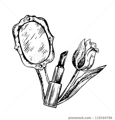 Cosmetics, lipstick, mirror, tulip flower. Black and white vector graphics made by hand. Illustration on a white background. For packages and labels, flyers, posters and banners. 118584786