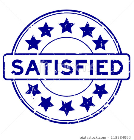 Grunge blue satisfied word with star icon round rubber seal stamp on white background 118584993