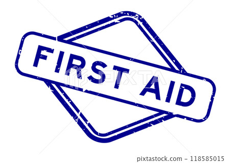 Grunge blue first aid word rubber seal stamp on white background 118585015