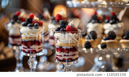 Elegant parfaits with vanilla sponge cake, whipped cream, blackberries, and blueberries 118585330