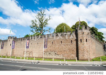 Historic brick walls of Cardiff Castle under bright sunlight in Cardiff, the capital of Wales Historic brick walls of Cardiff Castle under bright sunlight in Cardiff, the capital of Wales 118585402
