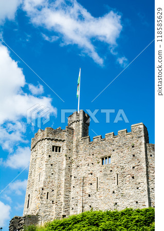 Historic Cardiff Castle, built of brick and stone and standing on a small hill in Cardiff, the capital of Wales 118585629