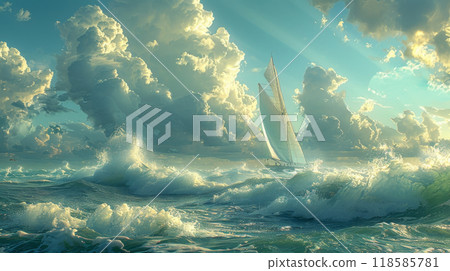 A tiny yacht sails amid endless waves, dwarfed by the vast, cloud-filled sky A tiny yacht sails amid endless waves, dwarfed by the vast, cloud-filled sky 118585781