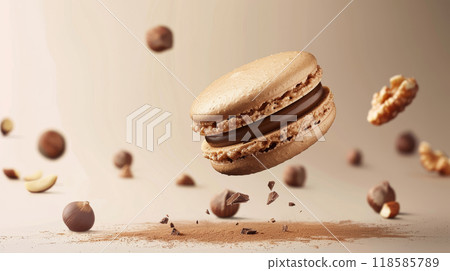 Chocolate hazelnut macaron with Nutella ganache levitating against a neutral background Chocolate hazelnut macaron with Nutella ganache levitating against a neutral background 118585789