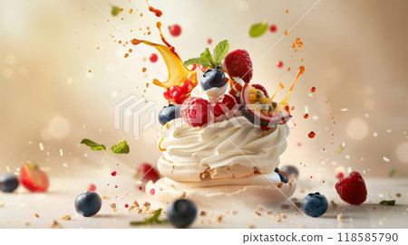 Pavlova nest with whipped cream, fresh berries, and passion fruit drizzle levitating against a neutral background Pavlova nest with whipped cream, fresh berries, and passion fruit drizzle levitating against a neutral background 118585790
