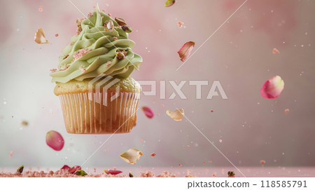 Pistachio cupcake with rosewater buttercream, pistachios, and rose petals on neutral background Pistachio cupcake with rosewater buttercream, pistachios, and rose petals on neutral background 118585791