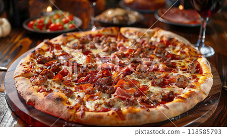 Fragrant, crispy pizza with sausages, cheese and prosciutto on a wooden pizza board 118585793