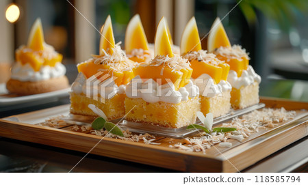 Elegant bamboo dessert tray with tropical mango coconut cake in a sophisticated restaurant setting 118585794