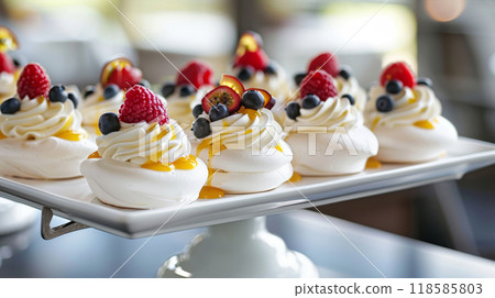 Pavlova topped with whipped cream, fresh berries, and passion fruit drizzle 118585803