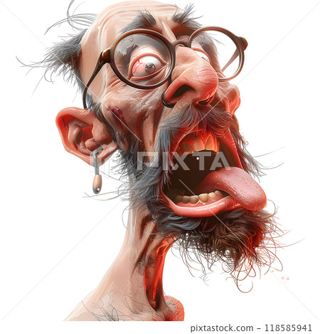 A unique character with wild hair and glasses displays a comical surprise, sticking out his tongue and showcasing vivid facial features, creating an engaging visual experience. A unique character with wild hair and glasses displays a comical surprise, sticking out his tongue and showcasing vivid facial features, creating an engaging visual experience. 118585941