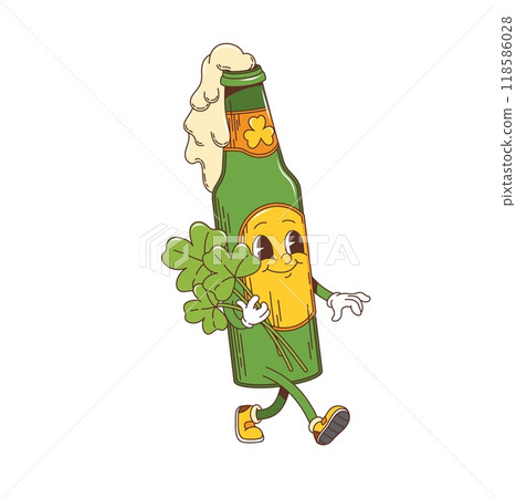 Cartoon green groovy beer bottle character, saint Patrick day holiday personage in retro hippie style. Isolated vector glass flask with traditional foamy Irish ale drink, carrying lush clover bouquet 118586028