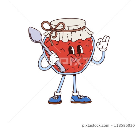 Jam jar retro groovy breakfast character. Isolated cartoon vector cheerful glass jar personage tied with a bow, with a friendly face, holding a spoon, sticking out its tongue, and giving a ok gesture 118586030