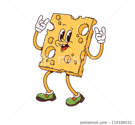 Cheese retro groovy breakfast character making a rock and roll gesture with both hands. Cartoon vector food personage with smiling face wears sneakers. Humorous and lively slice of cheese with holes 118586032