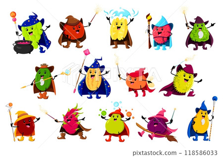 Cartoon tropical fruit mage, wizard and warlock characters. Vector lemon, grapes, apple, carambola, pear and bergamot. Feijoa, orange, mango or figs. Dragon fruit, plum or lychee, jack fruit or durian 118586033
