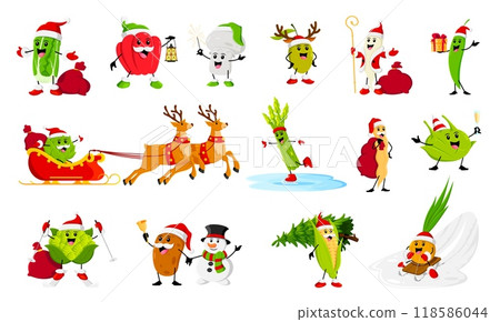 Cartoon winter Christmas vegetable characters. Vector Chinese or Romanesco cabbage, paprika, champignon and olive. Daikon, green pea, artichoke and asparagus. Soy bean pod, kohlrabi, potato and corn 118586044