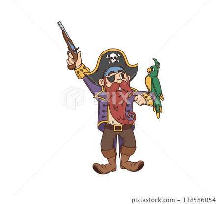Cartoon groovy pirate and corsair character with a green parrot on his shoulder aims a flintlock pistol. Isolated vector picaroon personage with beard and excited expression, wears eye patch and hat Cartoon groovy pirate and corsair character with a green parrot on his shoulder aims a flintlock pistol. Isolated vector picaroon personage with beard and excited expression, wears eye patch and hat 118586054