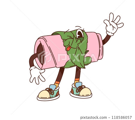 Cartoon groovy japanese sakura mochi dessert character. Isolated vector adorable and playful sweet pastry personage evoking a sense of fun and whimsy, promotes Japan culture and traditional food taste 118586057