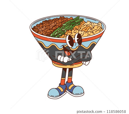 Cartoon groovy soboro don donburi character. Vector bowl of Japanese food, brimming with ground meat and vibrant green onions over a bed of steamed rice. Retro personage with a joyful face and smile 118586058