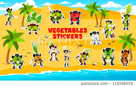Stickers pack of cowboy and bandit vegetable characters. Fun and adventurous western-themed patches featuring cartoon veg personages dressed as Wild West cowboys and bandits with hats, guns and lassos 118586059