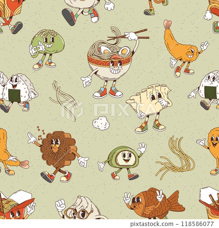 Retro groovy Japanese, Korean and Chinese cuisine characters seamless pattern. Vector tile background with playful Asian food personages like noodles, dumplings, sushi, fish, shrimps and sweets Retro groovy Japanese, Korean and Chinese cuisine characters seamless pattern. Vector tile background with playful Asian food personages like noodles, dumplings, sushi, fish, shrimps and sweets 118586077