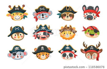 Cartoon animal pirates, filibusters, corsairs and captain sailor characters, vector funny faces. Caribbean pirates of zoo animals in tricorne hat with Jolly Roger skull crossbones or corsair eyepatch 118586078