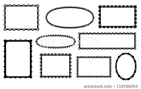 Scallop frames and dividers, edge lace borders, frill ribbons with fabric ornament pattern. Vector scalloped round, oval, square or rectangular shapes with black elegant curves boast vintage intricacy Scallop frames and dividers, edge lace borders, frill ribbons with fabric ornament pattern. Vector scalloped round, oval, square or rectangular shapes with black elegant curves boast vintage intricacy 118586093