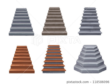 Cartoon wooden and stone stairs, castle staircase and stairway. Isolated vector antique and modern ladder flights without railings, wood or marble step treads and rock risers, house interior objects 118586096