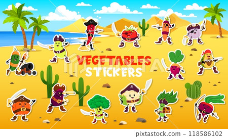 Cartoon vegetables pirate and corsair characters on island beach. Cartoon stickers with carrot, chili pepper and tomato, onion, broccoli and avocado, pumpkin, garlic or eggplant, beetroot and spinach Cartoon vegetables pirate and corsair characters on island beach. Cartoon stickers with carrot, chili pepper and tomato, onion, broccoli and avocado, pumpkin, garlic or eggplant, beetroot and spinach 118586102