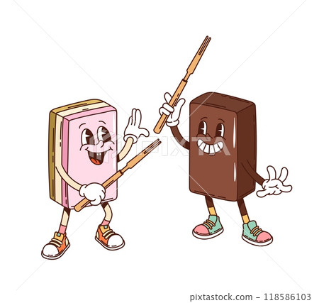 Cartoon groovy Japanese yokan dessert characters engaging in a playful duel with wooden forks. Vector adorable Japan sweet personages. Asian pastries with smiling faces, exuding retro cheerful vibes Cartoon groovy Japanese yokan dessert characters engaging in a playful duel with wooden forks. Vector adorable Japan sweet personages. Asian pastries with smiling faces, exuding retro cheerful vibes 118586103